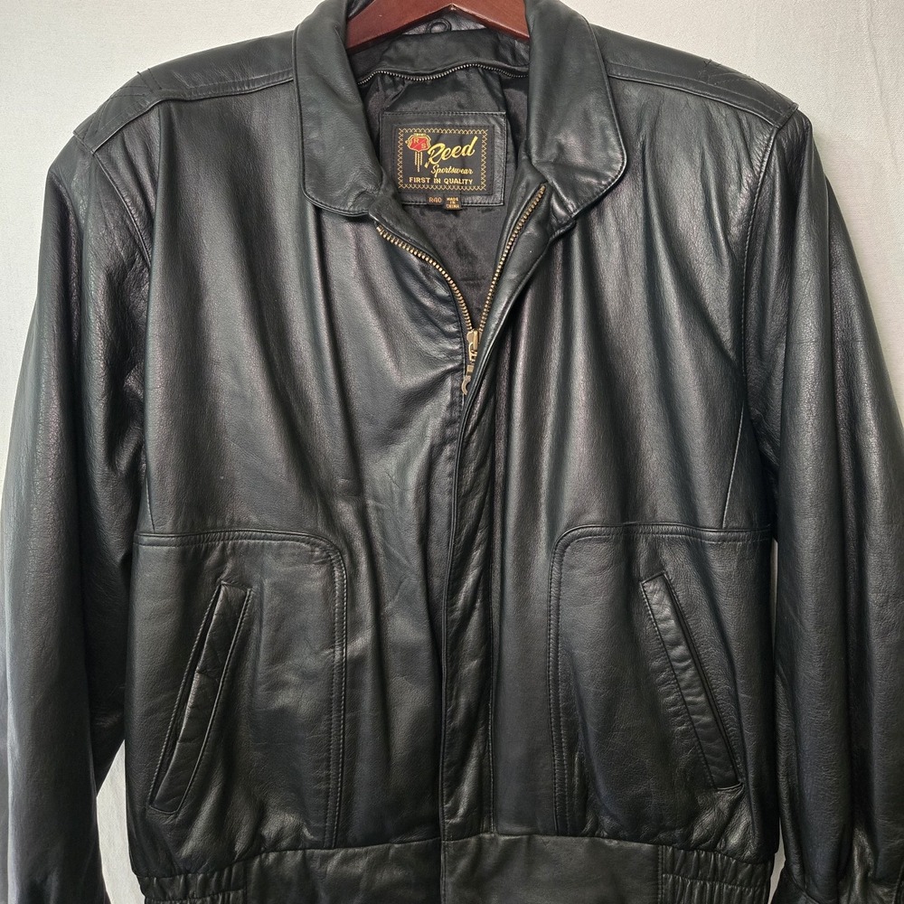 Vintage Reed Sportswear‎ Black Leather Bomber Jacket Aviator Theme 40R